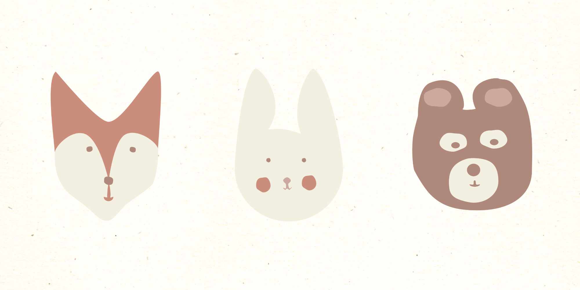  Faces of three cute woodland animals: a fox, a bunny, and a bear, arranged on a speckled paper background in natural colors.