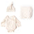 Oolie organic baby hat, baby bodysuit, and baby blanket, laid flat on a white background, each with a little peach print, a natural color with tiny, irregular peaches in a repeating pattern.