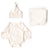 Oolie organic baby hat, baby bodysuit, and baby blanket, laid flat on a white background, each unprinted, revealing the cotton's natural, undyed, unbleached color.