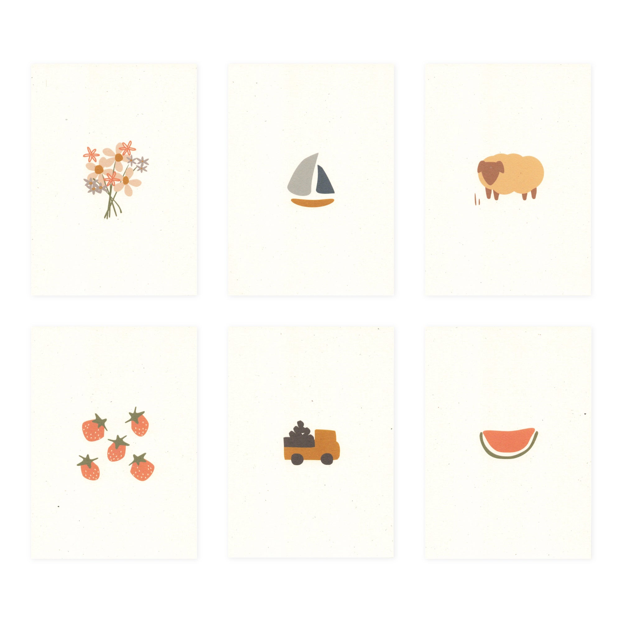Six cute nursery prints on recycled, natural paper. The prints show: a bouquet of flowers, a small sailboat, a brown sheep, five strawberries, a small dump truck carrying boulders, and a slice of watermelon.